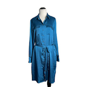 WHBM White House Black Market 12 Digital Teal Blue Charmeuse Shirt Dress NWT